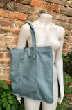 Blue-gray leather bag with zipper. Genuine leather shopper bag. Large BLUE shoulder bag for your laptop, books. Soft leather shopper