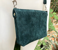 TEAL BLUE -green suede leather bag. Cross body / shoulder bag. Small GENUINE leather bag with adjustable strap + zipper. Teal blue purse