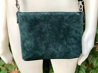 TEAL BLUE -green suede leather bag. Cross body / shoulder bag. Small GENUINE leather bag with adjustable strap + zipper. Teal blue purse