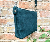 TEAL BLUE -green suede leather bag. Cross body / shoulder bag. Small GENUINE leather bag with adjustable strap + zipper. Teal blue purse