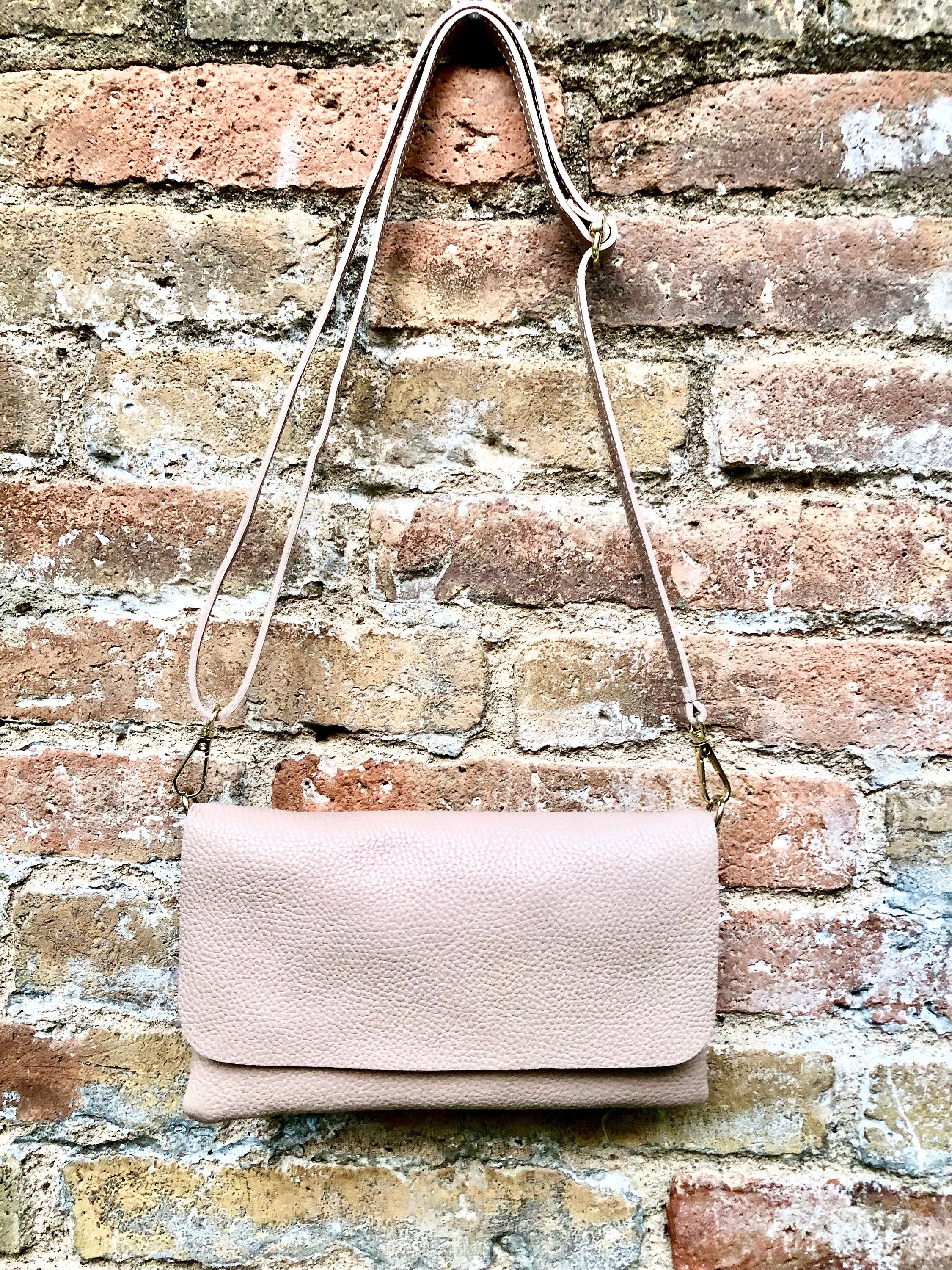 Small light dusty pink bag. Pink crossbody/ shoulder bag in GENUINE leather. Adjustable strap , zipper + flap. Light dusty pink purse