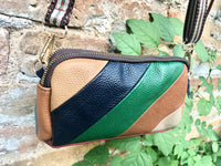 Small genuine leather bag. 2 sided cross body /shoulder bag./ wristet. 70s boho purse. Green, brown, navy, orange.