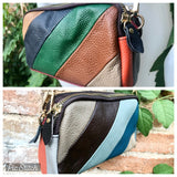 Small genuine leather bag. 2 sided cross body /shoulder bag./ wristet. 70s boho purse. Green, brown, navy, orange.