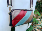 Small genuine leather bag. 2 sided cross body /shoulder bag./ wristet. 70s boho purse. Red, blue, brown with narrow guitar strap