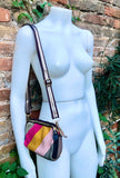 Small genuine leather bag. 2 sided cross body /shoulder bag./ wristet. 70s boho purse.Pink, blue, brown, yellow with narrow guitar strap