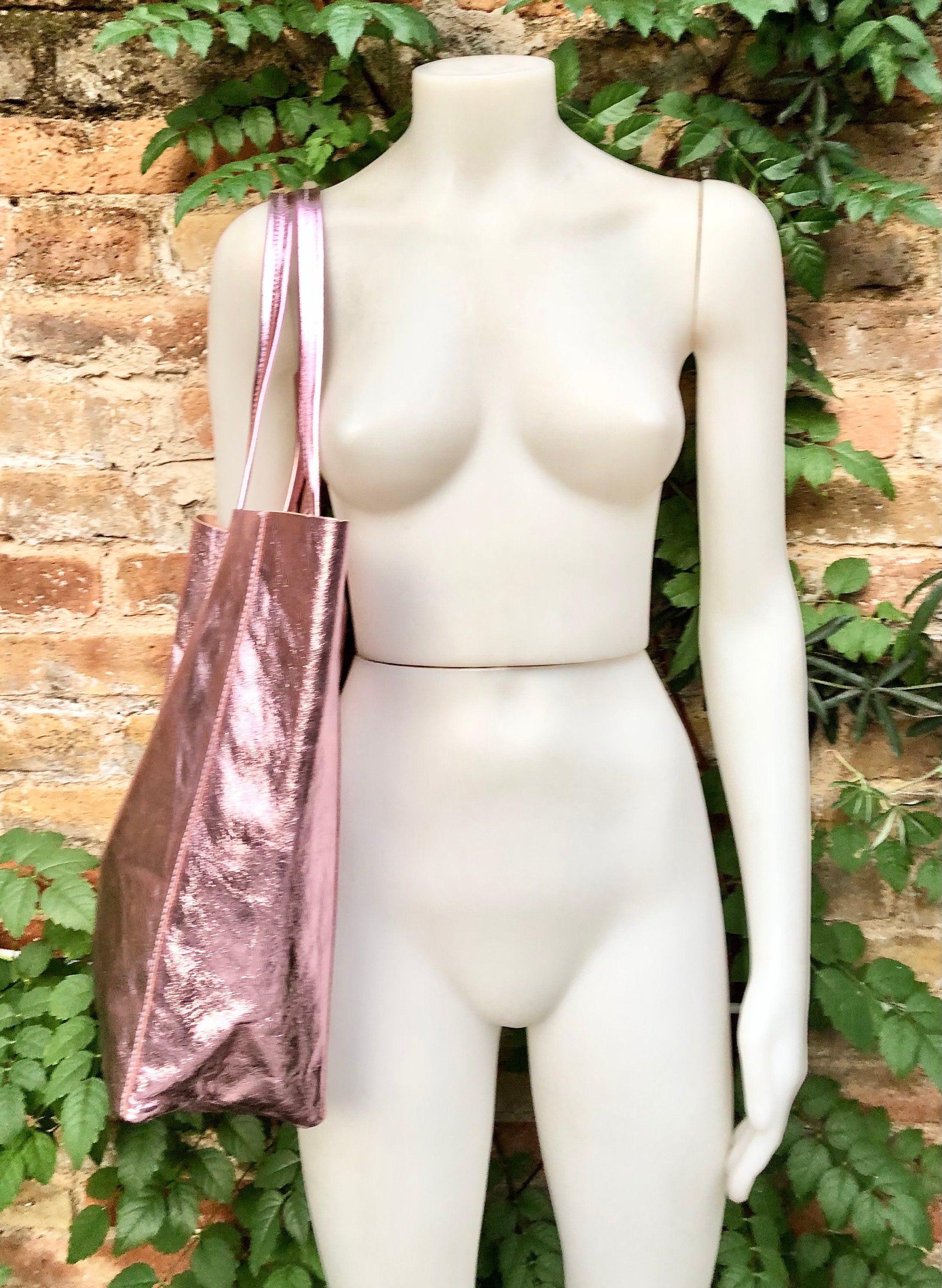 Light metallic PINK tote leather bag. Leather shopper in soft shiny finish GENUINE leather.Glitter pink purse for your laptop, tablet, books