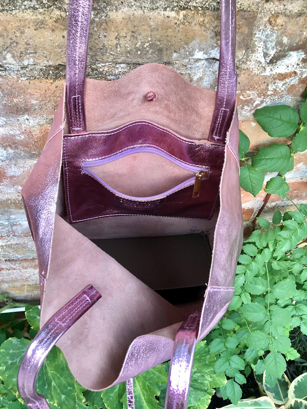 Light metallic PINK tote leather bag. Leather shopper in soft shiny finish GENUINE leather.Glitter pink purse for your laptop, tablet, books