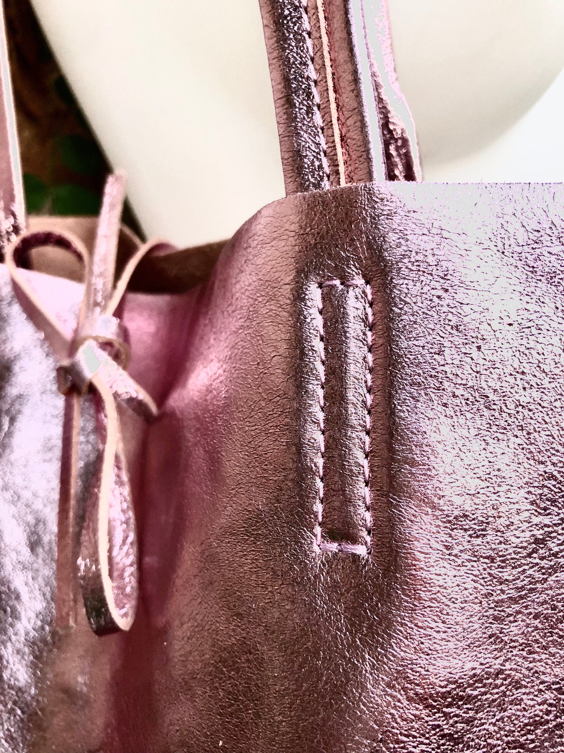 Light metallic PINK tote leather bag. Leather shopper in soft shiny finish GENUINE leather.Glitter pink purse for your laptop, tablet, books