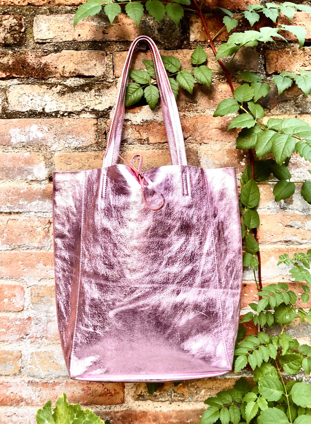 Light metallic PINK tote leather bag. Leather shopper in soft shiny finish GENUINE leather.Glitter pink purse for your laptop, tablet, books
