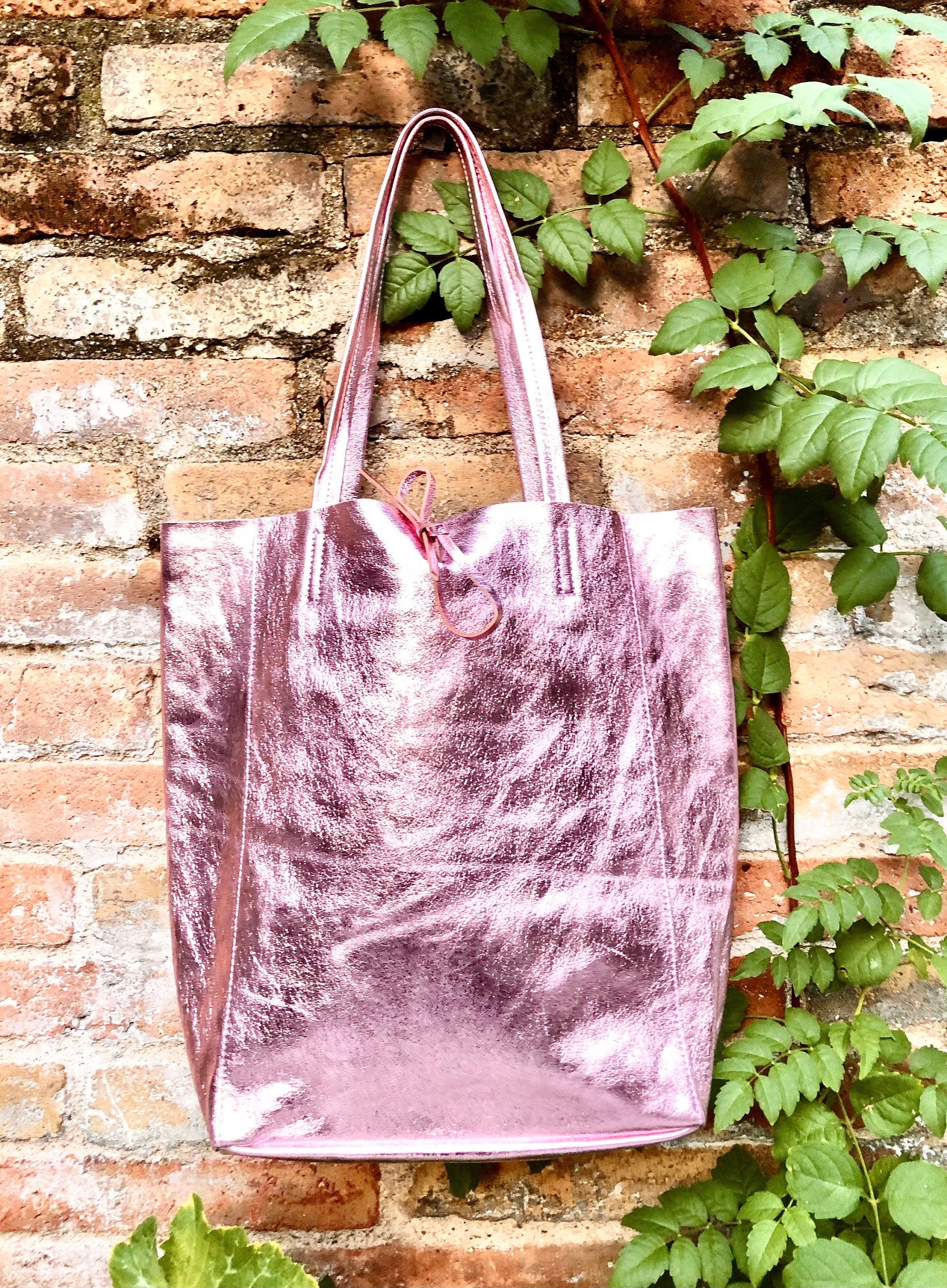 Light metallic PINK tote leather bag. Leather shopper in soft shiny finish GENUINE leather.Glitter pink purse for your laptop, tablet, books