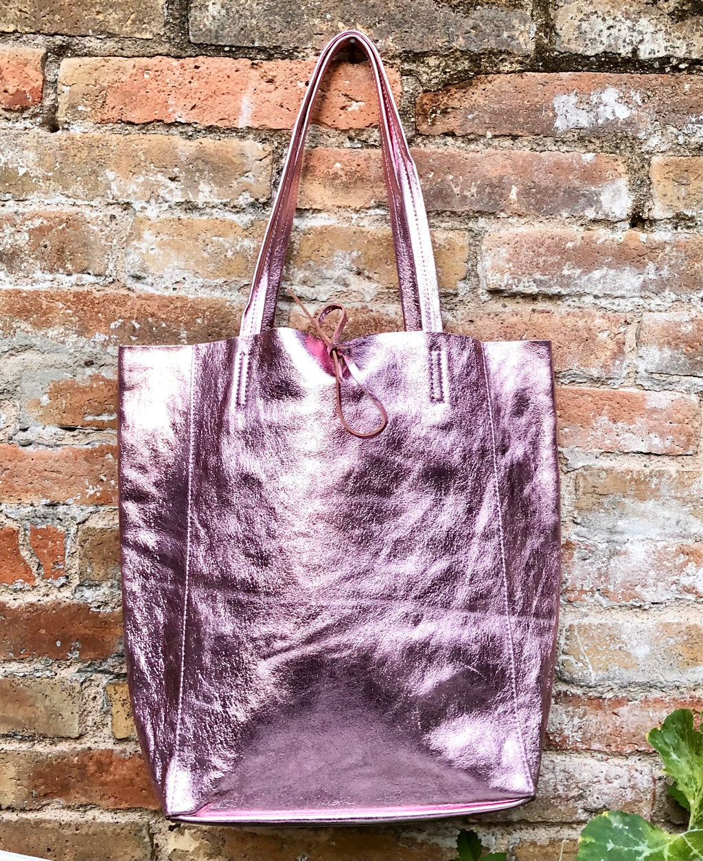 Light metallic PINK tote leather bag. Leather shopper in soft shiny finish GENUINE leather.Glitter pink purse for your laptop, tablet, books
