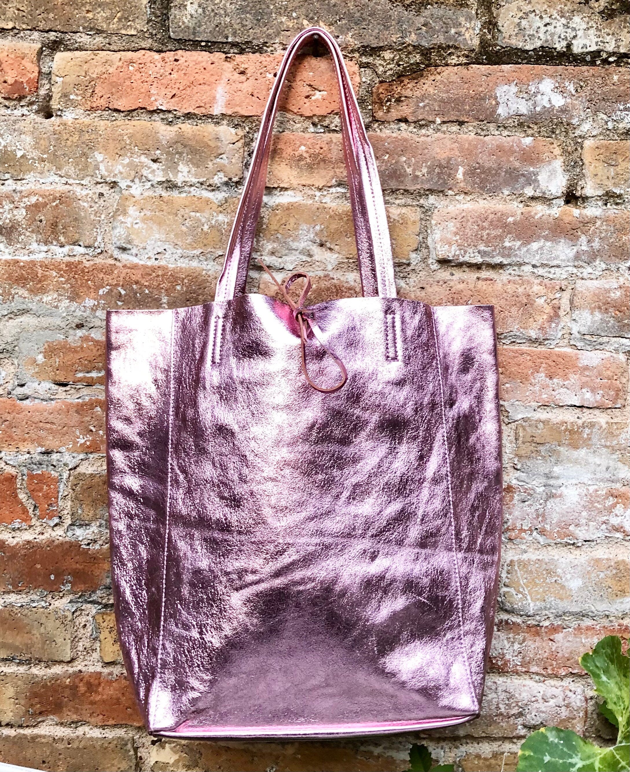 Light metallic PINK tote leather bag. Leather shopper in soft shiny finish GENUINE leather.Glitter pink purse for your laptop, tablet, books