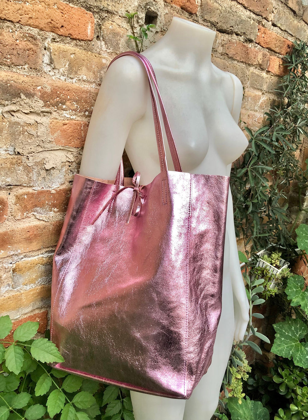 Light metallic PINK tote leather bag. Leather shopper in soft shiny finish GENUINE leather.Glitter pink purse for your laptop, tablet, books