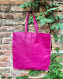 HOT PINK leather bag with zipper. Genuine leather shopper bag. Large FUCHSIA shoulder bag for your laptop, books. Hot pink purse