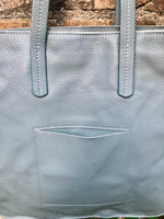 BLUE - GRAY leather bag with zipper. Genuine leather shopper. Large light grayish BLUE shoulder bag for your laptop, books. Denim blue purse