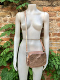 Small leather bag in pink gold. Cross body bag, shoulder bag in GENUINE leather. Metallic shine leather bag. Pink gold leather purse.