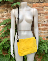 YELLOW messenger bag in genuine suede leather. Yellow rossbody / shoulder bag. Bright yellow suede purse. Adjustable strap zipper and flap.