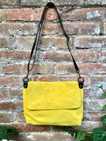 YELLOW messenger bag in genuine suede leather. Yellow rossbody / shoulder bag. Bright yellow suede purse. Adjustable strap zipper and flap.