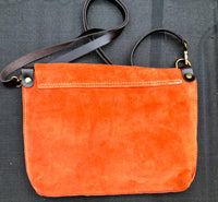 ORANGE messenger bag in genuine suede leather. Orange crossbody / shoulder bag. Orange suede purse. Adjustable strap zipper and flap.