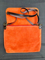 ORANGE messenger bag in genuine suede leather. Orange crossbody / shoulder bag. Orange suede purse. Adjustable strap zipper and flap.