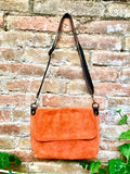 ORANGE messenger bag in genuine suede leather. Orange crossbody / shoulder bag. Orange suede purse. Adjustable strap zipper and flap.