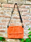 ORANGE messenger bag in genuine suede leather. Orange crossbody / shoulder bag. Orange suede purse. Adjustable strap zipper and flap.