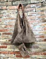 Slouch leather bag in Light brown suede . Large shoulder bag in genuine leather. Taupe origami bag with brown leather accent. Large shopper