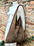 Slouch leather bag in Light brown suede . Large shoulder bag in genuine leather. Taupe origami bag with brown leather accent. Large shopper