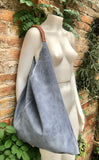 Slouch leather bag in blue - gray suede. Genuine leather shoulder / shopper bag. Origami bag. Camel brown leather accent. Blue suede purse