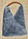 Slouch leather bag in blue - gray suede. Genuine leather shoulder / shopper bag. Origami bag. Camel brown leather accent. Blue suede purse