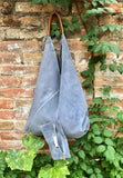 Slouch leather bag in blue - gray suede. Genuine leather shoulder / shopper bag. Origami bag. Camel brown leather accent. Blue suede purse