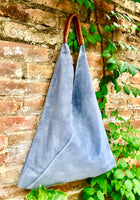 Slouch leather bag in blue - gray suede. Genuine leather shoulder / shopper bag. Origami bag. Camel brown leather accent. Blue suede purse