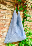 Slouch leather bag in blue - gray suede. Genuine leather shoulder / shopper bag. Origami bag. Camel brown leather accent. Blue suede purse