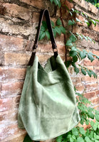 Slouch leather bag in light GREEN. Hobo shoulder bag with brown leather strap. Genuine suede leather book / tablet bags. GREEN suede purse