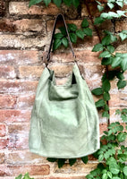 Slouch leather bag in light GREEN. Hobo shoulder bag with brown leather strap. Genuine suede leather book / tablet bags. GREEN suede purse