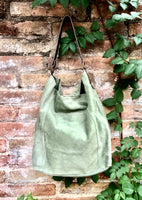 Slouch leather bag in light GREEN. Hobo shoulder bag with brown leather strap. Genuine suede leather book / tablet bags. GREEN suede purse