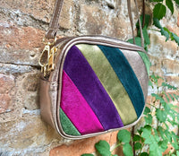 Metallic shine leather bag. Cross body / shoulder bag in GENUINE leather. Adjustable removable strap. Hot pink, green, purple, bronze purse