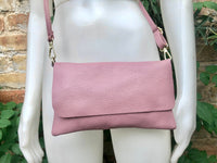 Small leather bag in purple - pink. Pink Crossbody bag, shoulder bag in GENUINE leather. Pink purse with adjustable strap and zipper