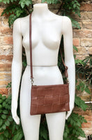 Small leather bag in dark camel brown. GENUINE leather crossbody bag. Brown purse with zipper and remomable wistlet. Brown leather bag