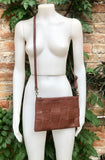 Small leather bag in dark camel brown. GENUINE leather crossbody bag. Brown purse with zipper and remomable wistlet. Brown leather bag