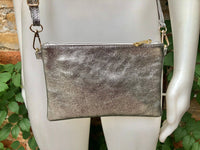 Small leather bag in METALLIC SILVER .Cross body, shoulder bag or wristlet in GENUINE leather. Silver leather purse + adjustable strap