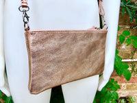 Small genuine leather bag in METALLIC light pink. Cross body / shoulder bag or wristlet. Small glitter leather peach pink purse . Rose gold