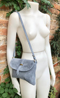 Suede leather bag in BLUE GRAY. Crossbody bag in GENUINE leather. Gray small leather bag with adjustable strap and zipper.