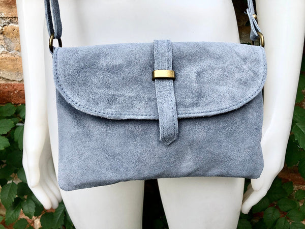 Suede leather bag in BLUE GRAY. Crossbody bag in GENUINE leather. Gray small leather bag with adjustable strap and zipper.