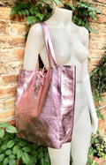 Light metallic PINK tote leather bag. Leather shopper in soft shiny finish GENUINE leather.Glitter pink purse for your laptop, tablet, books