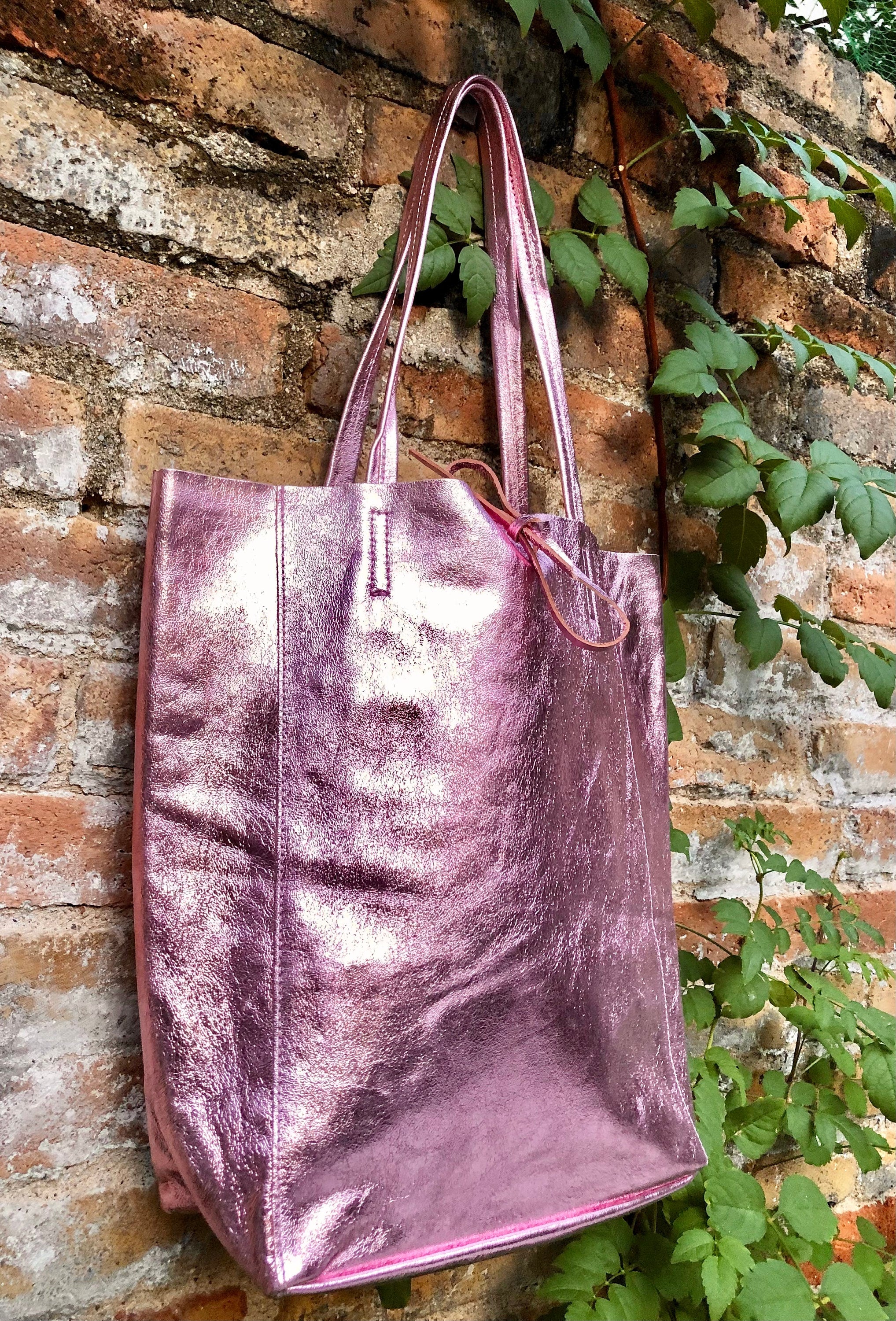 Light metallic PINK tote leather bag. Leather shopper in soft shiny finish GENUINE leather.Glitter pink purse for your laptop, tablet, books