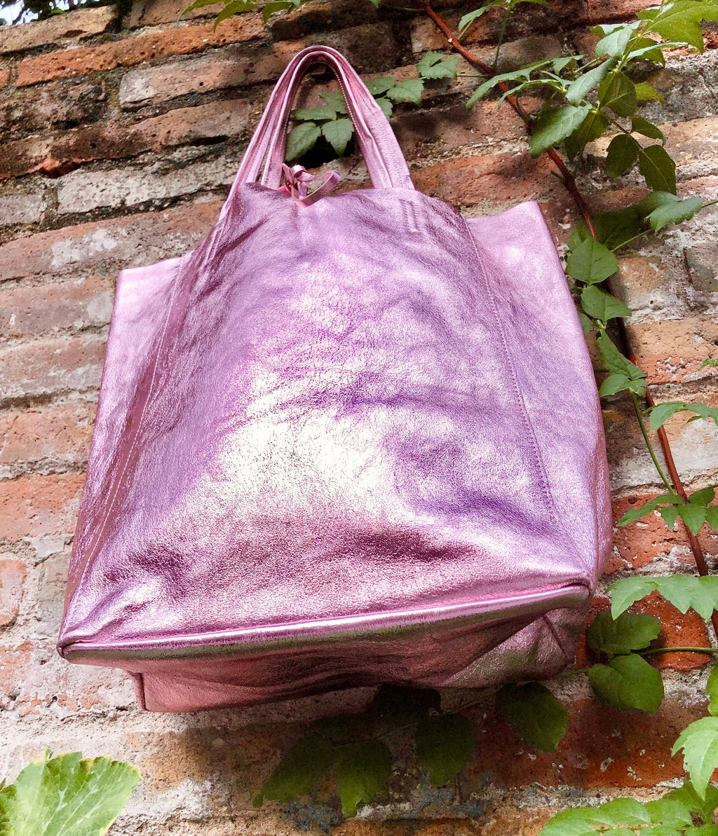 Light metallic PINK tote leather bag. Leather shopper in soft shiny finish GENUINE leather.Glitter pink purse for your laptop, tablet, books