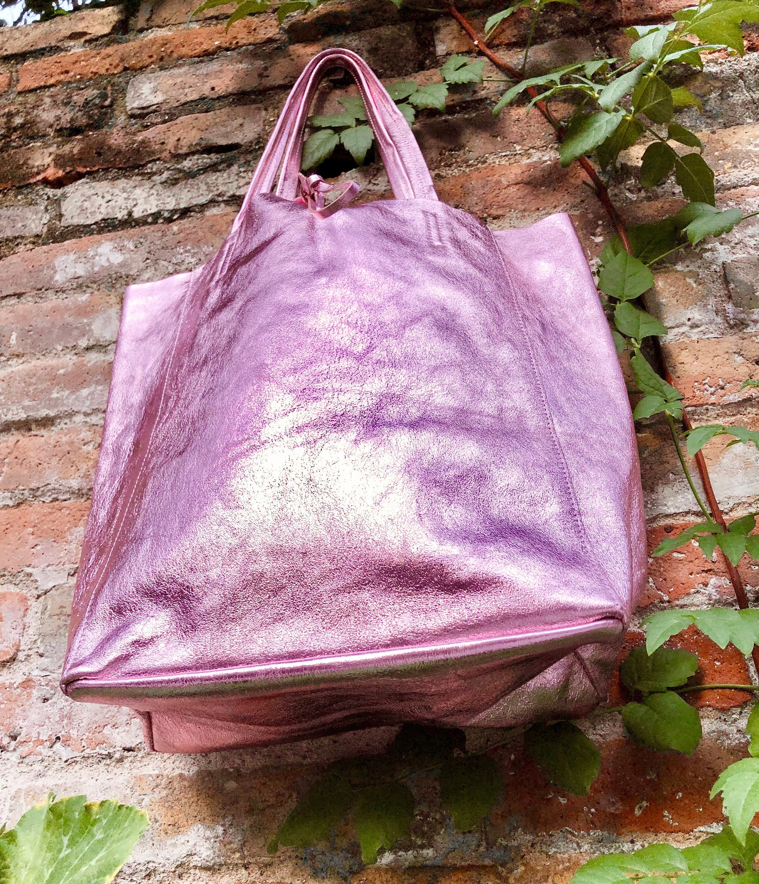 Light metallic PINK tote leather bag. Leather shopper in soft shiny finish GENUINE leather.Glitter pink purse for your laptop, tablet, books