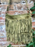 Cross body fringe bag. BOHO suede leather bag in GREEN with FRINGES. Larger model. genuine suede crossbody hippy bag. Green fringed bag