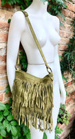 Cross body fringe bag. BOHO suede leather bag in GREEN with FRINGES. Larger model. genuine suede crossbody hippy bag. Green fringed bag